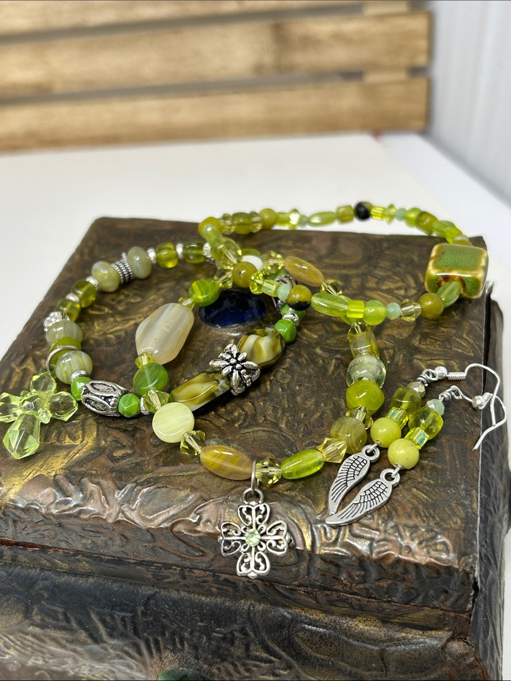 Three Hand Crafted Green Beaded Bracelets & Earring Set -  Cross & Wing Accents